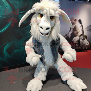 White Angora Goat mascot costume character dressed with a Leather Jacket and Shoe laces