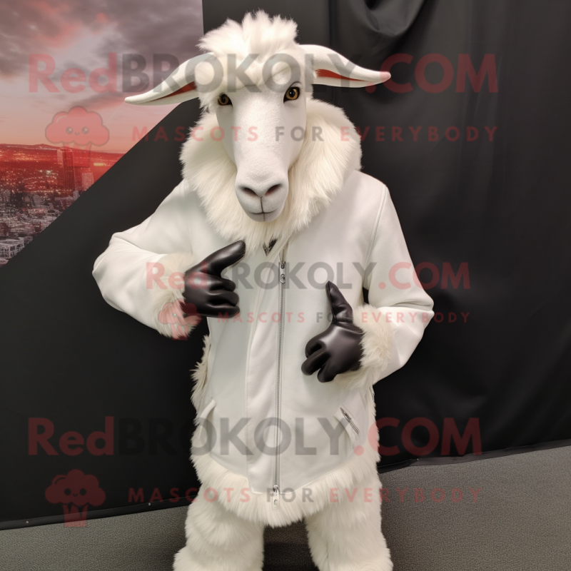 White Angora Goat mascot costume character dressed with a Leather Jacket and Shoe laces