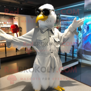 Silver Seagull mascot costume character dressed with a Romper and Sunglasses