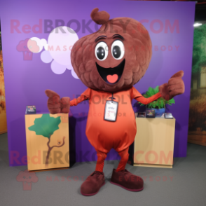 Rust Grape mascot costume character dressed with a Bodysuit and Clutch bags