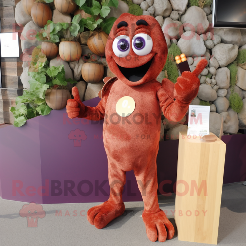 Rust Grape mascot costume character dressed with a Bodysuit and Clutch bags