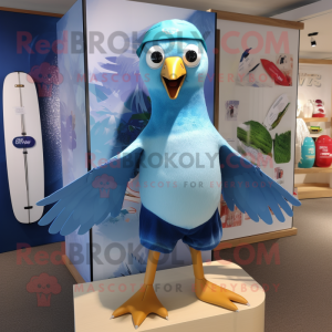 Sky Blue Pigeon mascot costume character dressed with a Board Shorts and Brooches