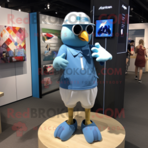 Sky Blue Pigeon mascot costume character dressed with a Board Shorts and Brooches