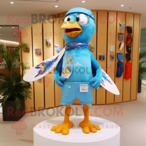 Sky Blue Pigeon mascot costume character dressed with a Board Shorts and Brooches