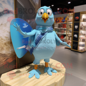 Sky Blue Pigeon mascot costume character dressed with a Board Shorts and Brooches