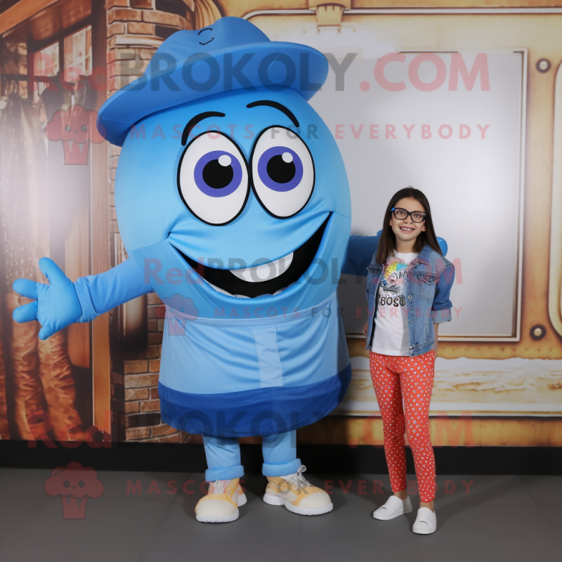 Blue Gyro mascot costume character dressed with a Mom Jeans and Shoe clips Blue Gyro mascot costume character dressed with a Mom Jeans and Shoe clips