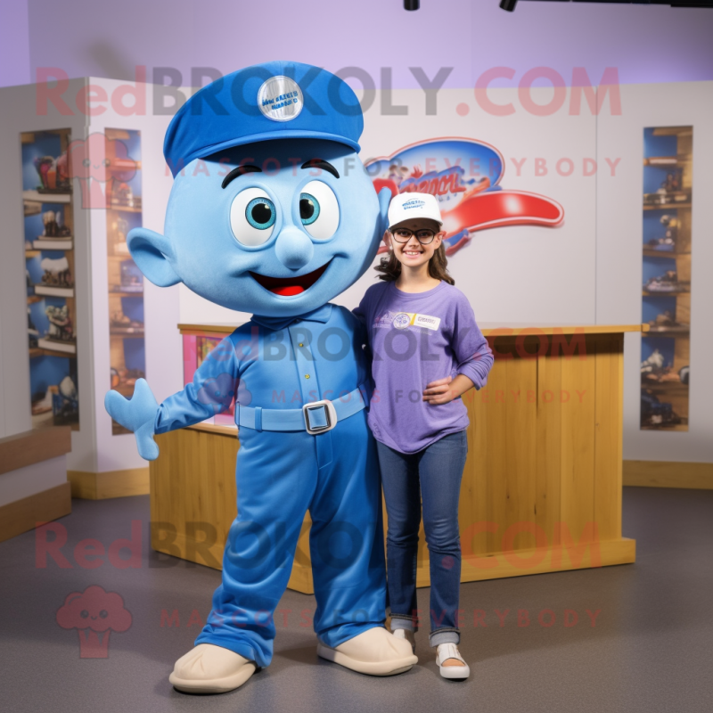 Blue Gyro mascot costume character dressed with a Mom Jeans and Shoe clips Blue Gyro mascot costume character dressed with a Mom Jeans and Shoe clips