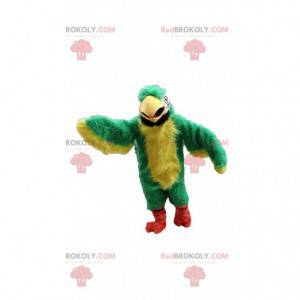 Green and yellow parrot mascot, exotic animal costume -