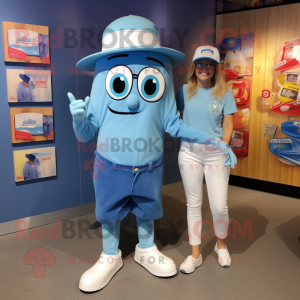 Blue Gyro mascot costume character dressed with a Mom Jeans and Shoe clips