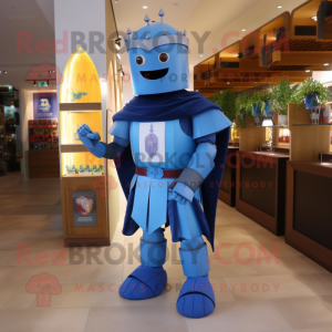 Blue Medieval Knight mascot costume character dressed with a Jeans and Cufflinks