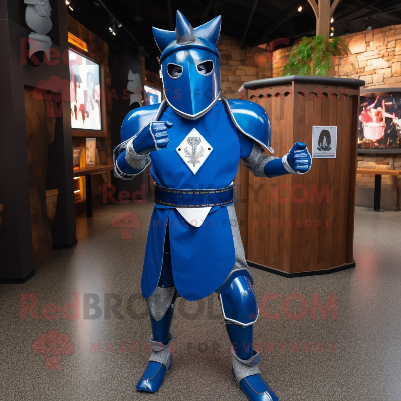 Blue Medieval Knight mascot costume character dressed with a Jeans and Cufflinks