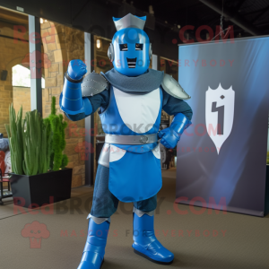 Blue Medieval Knight mascot costume character dressed with a Jeans and Cufflinks