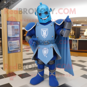 Blue Medieval Knight mascot costume character dressed with a Jeans and Cufflinks
