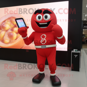 Red Boxing Glove mascot costume character dressed with a Sheath Dress and Digital watches
