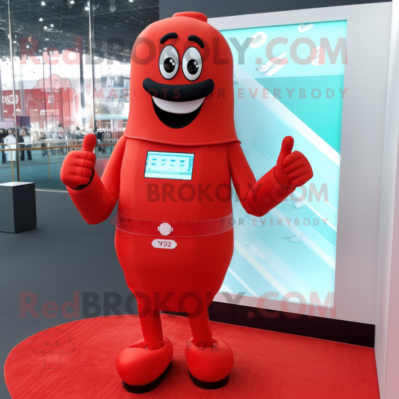 Red Boxing Glove mascot costume character dressed with a Sheath Dress and Digital watches