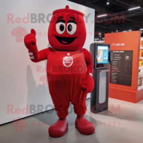 Red Boxing Glove mascot costume character dressed with a Sheath Dress and Digital watches