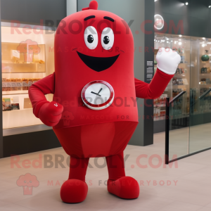 Red Boxing Glove mascot costume character dressed with a Sheath Dress and Digital watches