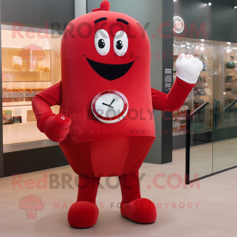 Red Boxing Glove mascot costume character dressed with a Sheath Dress and Digital watches Red Boxing Glove mascot costume character dressed with a Sheath Dress and Digital watches
