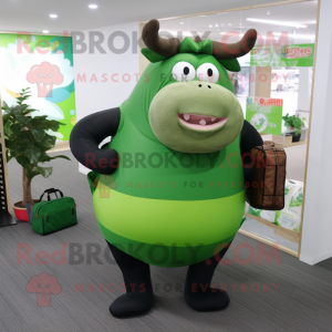 Forest Green Beef Wellington mascot costume character dressed with a Yoga Pants and Messenger bags