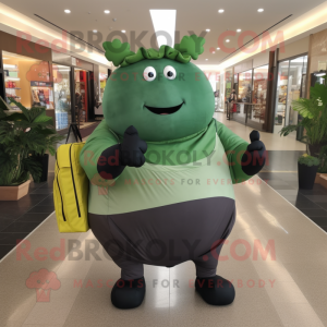 Forest Green Beef Wellington mascot costume character dressed with a Yoga Pants and Messenger bags