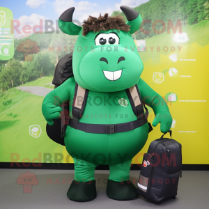 Forest Green Beef Wellington mascot costume character dressed with a Yoga Pants and Messenger bags