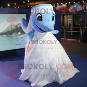 Blue Whale mascot costume character dressed with a Wedding Dress and Caps