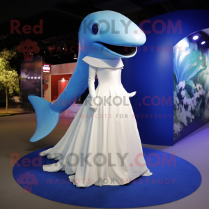 Blue Whale mascot costume character dressed with a Wedding Dress and Caps