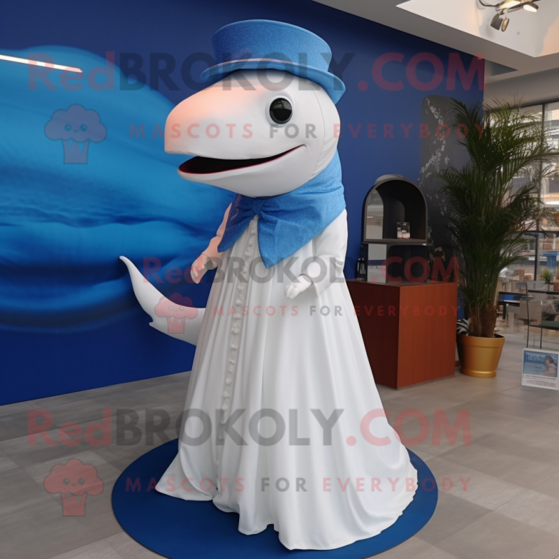 Blue Whale mascot costume character dressed with a Wedding Dress and Caps