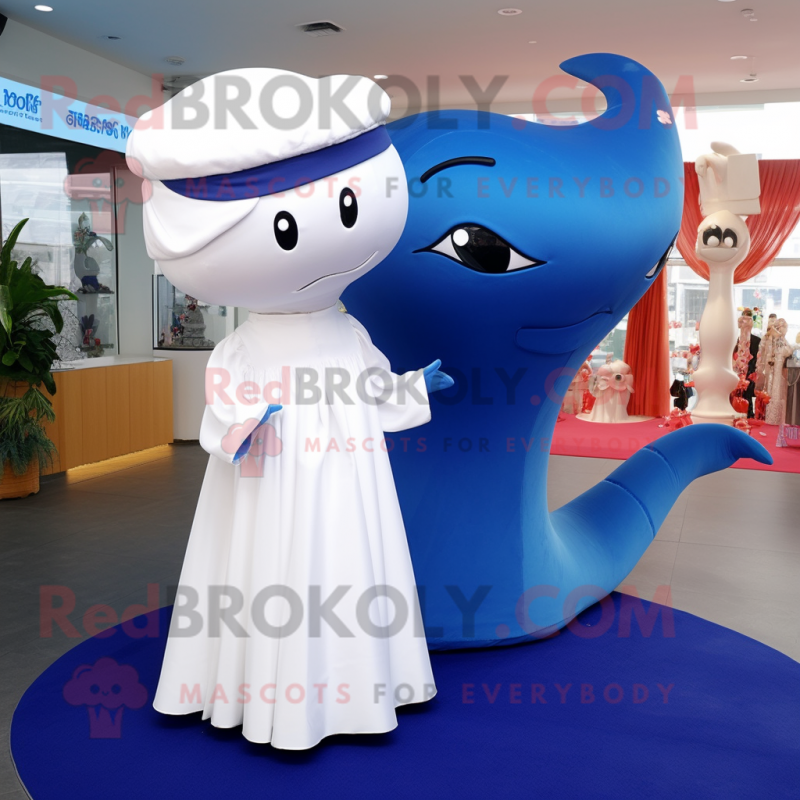 Blue Whale mascot costume character dressed with a Wedding Dress and Caps