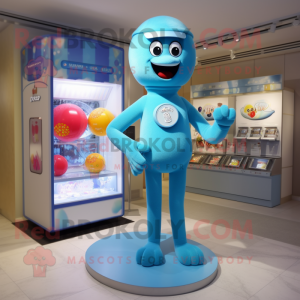 Sky Blue Gumball Machine mascot costume character dressed with a One-Piece Swimsuit and Bracelet watches