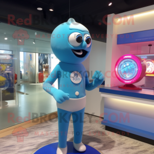 Sky Blue Gumball Machine mascot costume character dressed with a One-Piece Swimsuit and Bracelet watches