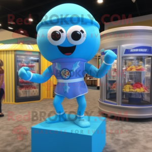 Sky Blue Gumball Machine mascot costume character dressed with a One-Piece Swimsuit and Bracelet watches