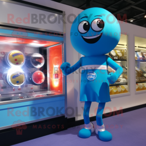 Sky Blue Gumball Machine mascot costume character dressed with a One-Piece Swimsuit and Bracelet watches