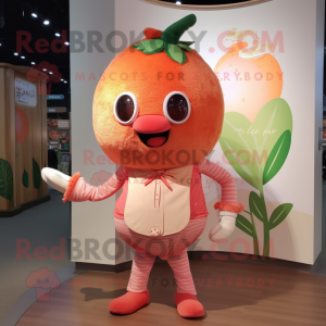 Peach Strawberry mascot costume character dressed with a Henley Tee and Scarves
