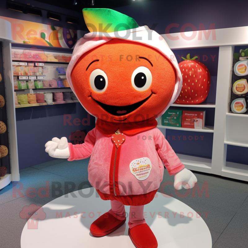 Peach Strawberry mascot costume character dressed with a Henley Tee and Scarves Peach Strawberry mascot costume character dressed with a Henley Tee and Scarves