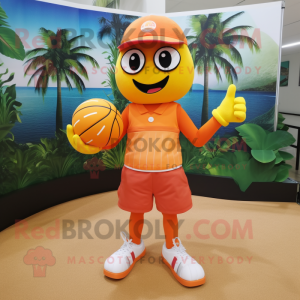 Peach Orange mascot costume character dressed with a Bermuda Shorts and Bracelets