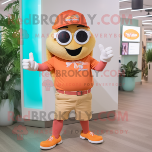 Peach Orange mascot costume character dressed with a Bermuda Shorts and Bracelets