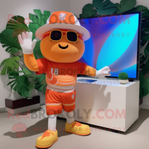 Peach Orange mascot costume character dressed with a Bermuda Shorts and Bracelets