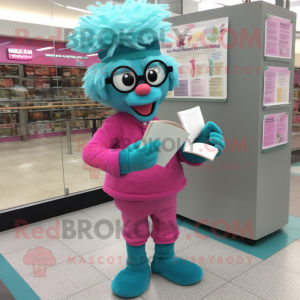 Teal Pink mascot costume character dressed with a Jeggings and Reading glasses