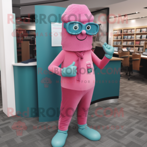 Teal Pink mascot costume character dressed with a Jeggings and Reading glasses