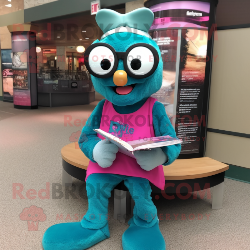 Teal Pink mascot costume character dressed with a Jeggings and Reading glasses Teal Pink mascot costume character dressed with a Jeggings and Reading glasses