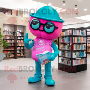 Teal Pink mascot costume character dressed with a Jeggings and Reading glasses