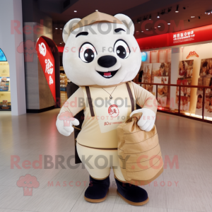 Cream Dim Sum mascot costume character dressed with a Henley Shirt and Backpacks