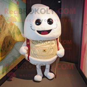 Cream Dim Sum mascot costume character dressed with a Henley Shirt and Backpacks