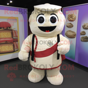 Cream Dim Sum mascot costume character dressed with a Henley Shirt and Backpacks