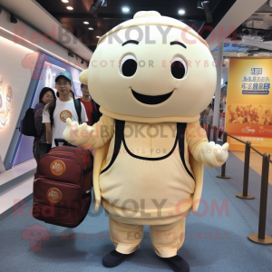 Cream Dim Sum mascot costume character dressed with a Henley Shirt and Backpacks