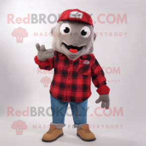 Red Tuna mascot costume character dressed with a Flannel Shirt and Caps