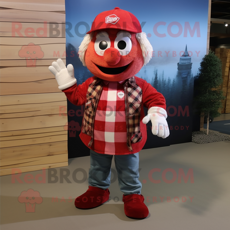 Red Tuna mascot costume character dressed with a Flannel Shirt and Caps