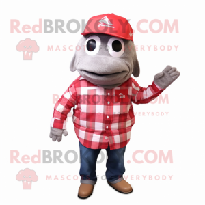 Red Tuna mascot costume character dressed with a Flannel Shirt and Caps