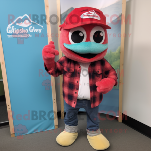 Red Tuna mascot costume character dressed with a Flannel Shirt and Caps